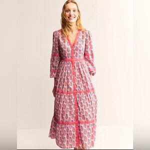 Boden Long Sleeve Maxi Dress 12P Boho Peasant Hippie Pink Floral Cotton Metallic